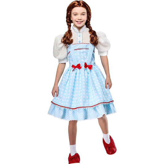 Halloween costume Child wearing a blue dress with red accents on a white background