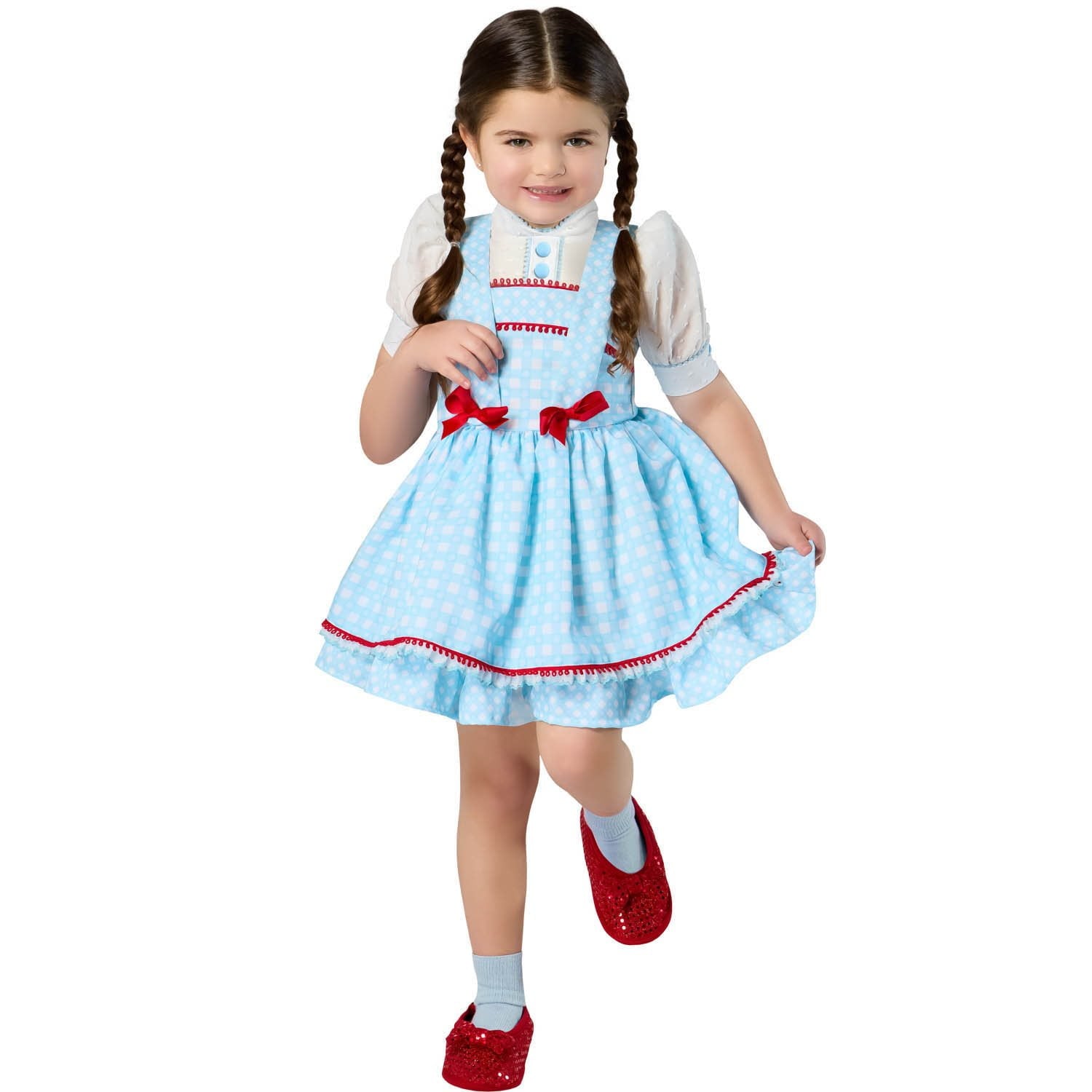 Halloween costume Child wearing a blue dress with red accents on a white background