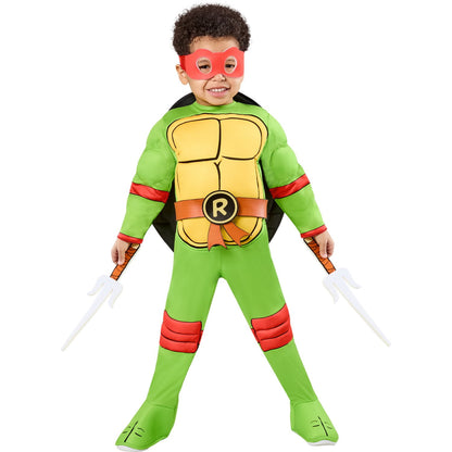 Halloween costume Child wearing a green superhero costume with a red mask on a white background