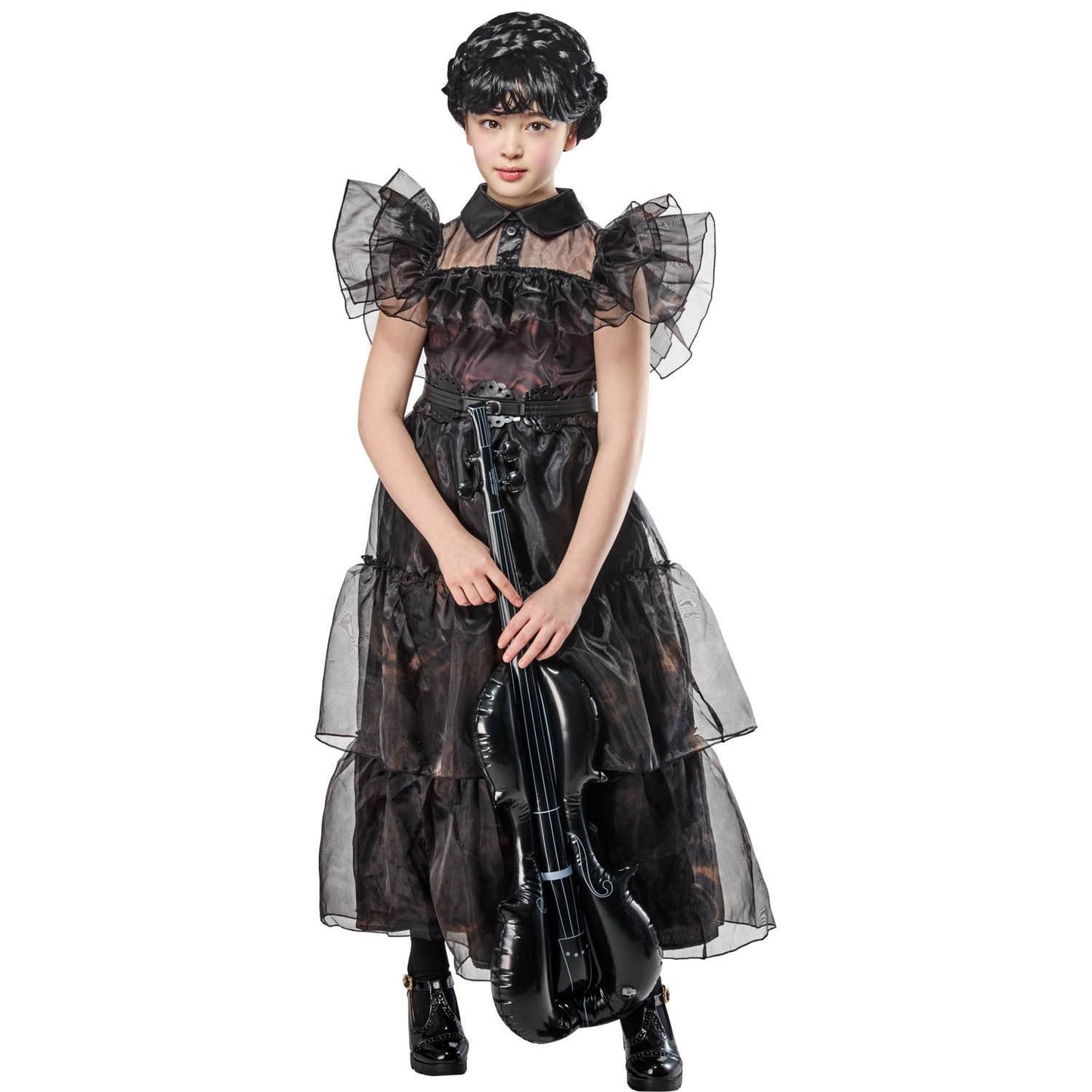 Halloween costume Girl in a black and sheer dress holding a violin on a white background