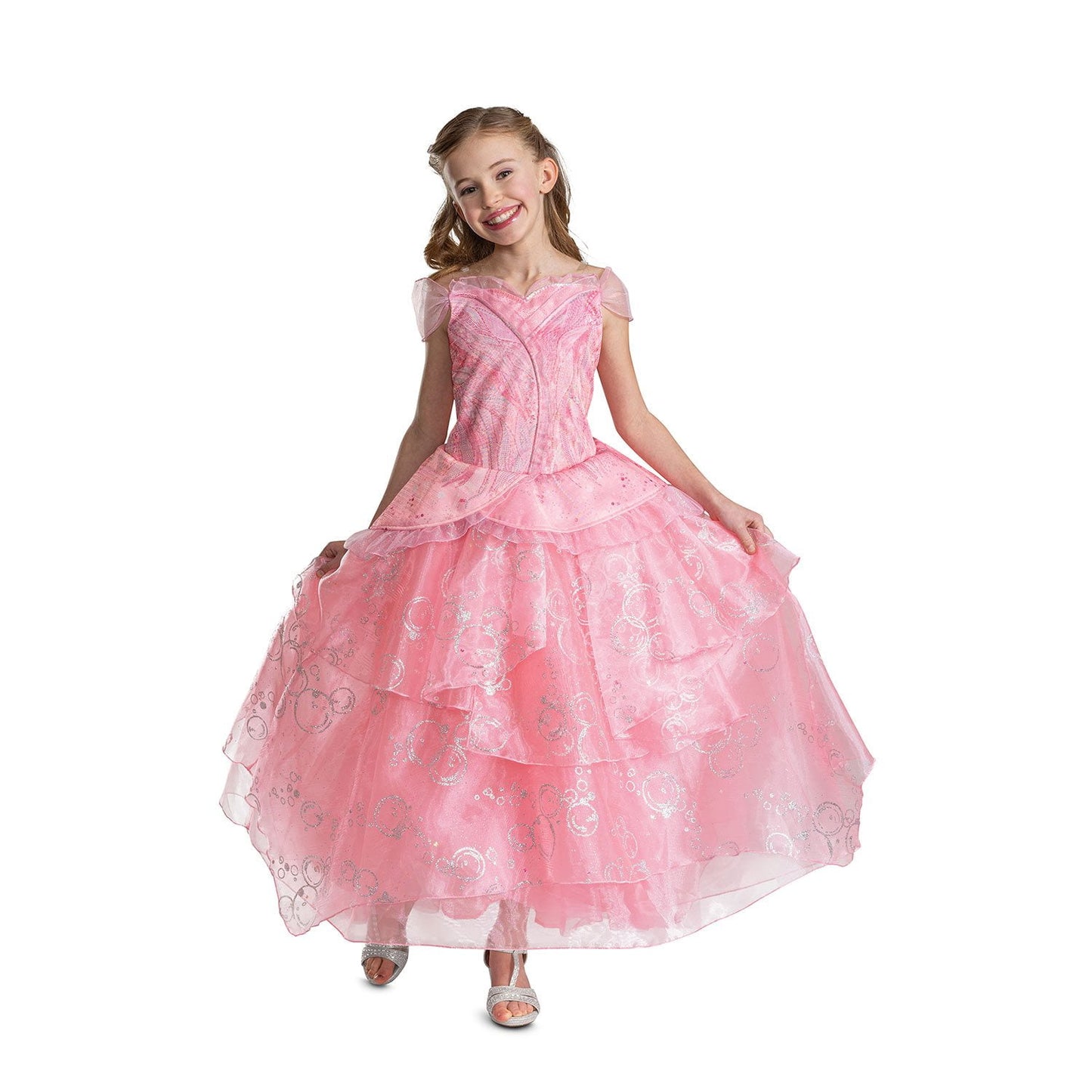 Halloween costume Young girl wearing a pink dress with floral patterns on a white background