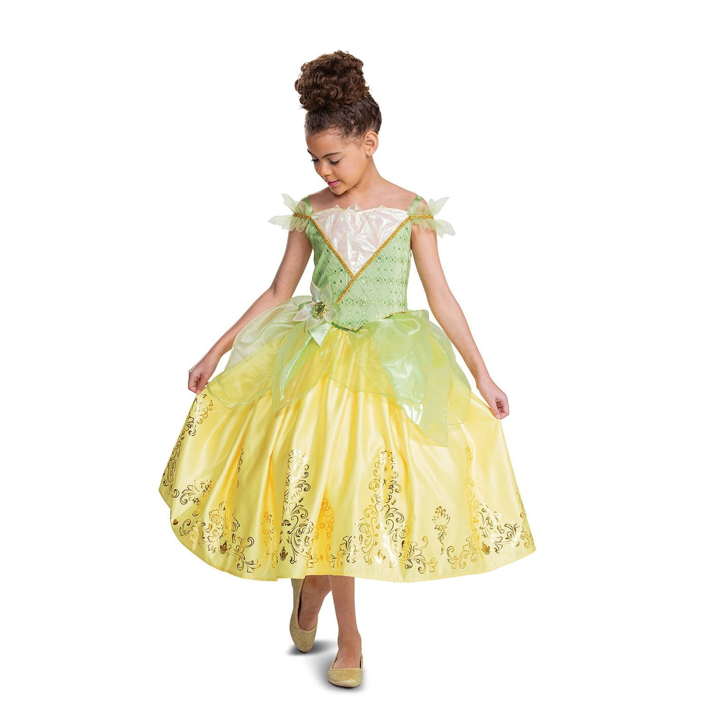 Halloween costume Young girl wearing a yellow and green dress on a white background
