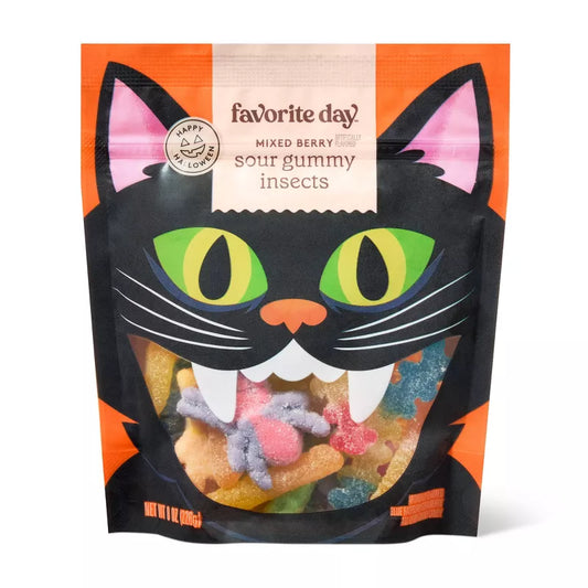 Halloween themed candy, Cat-shaped Halloween themed gummy candy package on a white background