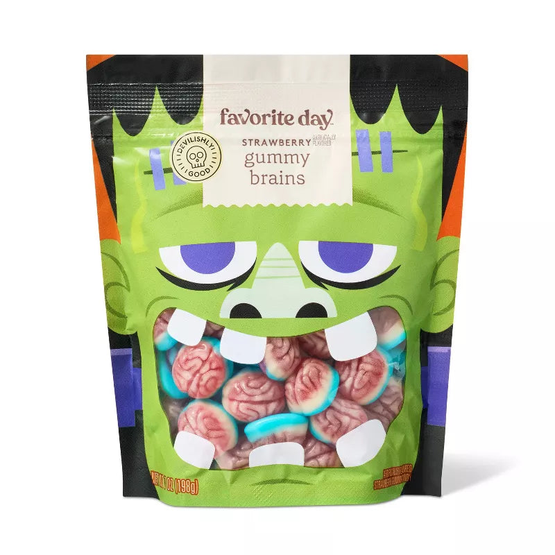 Halloween themed candy, Packaging of strawberry gummy brains with a monster design on a white background