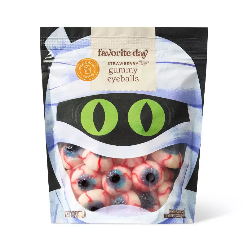 Halloween themed candy, Packaging of strawberry gummy eyeballs with a mummy design on a white background