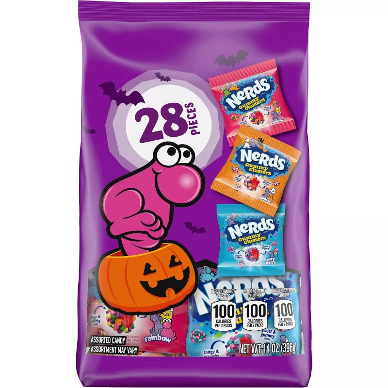 Halloween themed candy, Purple Halloween assorted candy bag with cartoon character on a white background