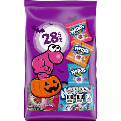 Halloween themed candy, Purple Halloween assorted candy bag with cartoon character on a white background