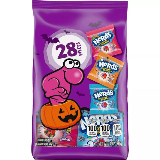 Halloween themed candy, Purple Halloween assorted candy bag with cartoon character on a white background