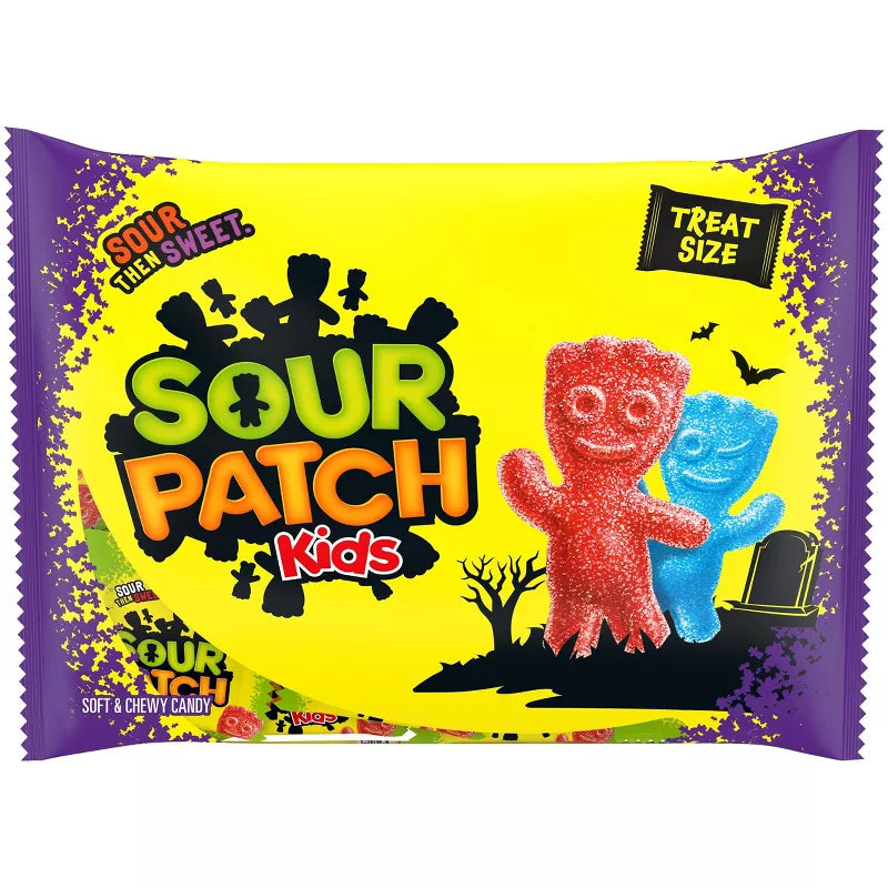 Halloween themed candy, Sour gummies candy package with two gummy characters on a yellow and purple background