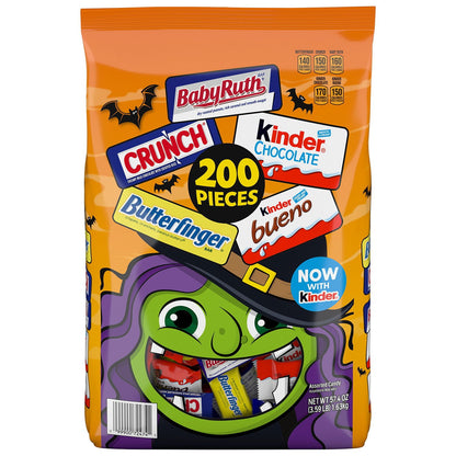 Halloween themed candy, assorted candy bars with many flavors in witch designed packaging