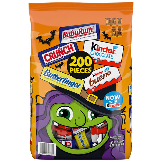 Halloween themed candy, assorted candy bars with many flavors in witch designed packaging