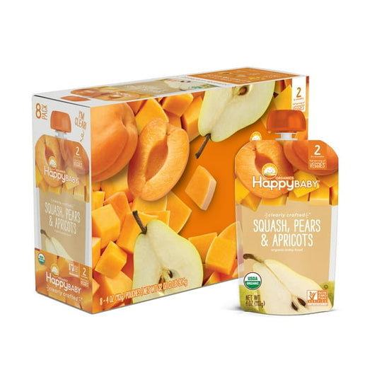 Happy Baby Organics Clearly Crafted Stage 2 Baby Food, Squash Pears & Apricots, 4 oz Pouches (8 Pack)