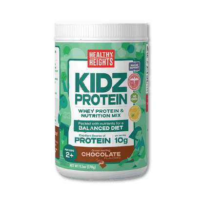 A canister of chocolate flavoured protein shake mix powder for kids on a plain background