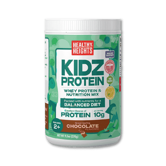A canister of chocolate flavoured protein shake mix powder for kids on a plain background
