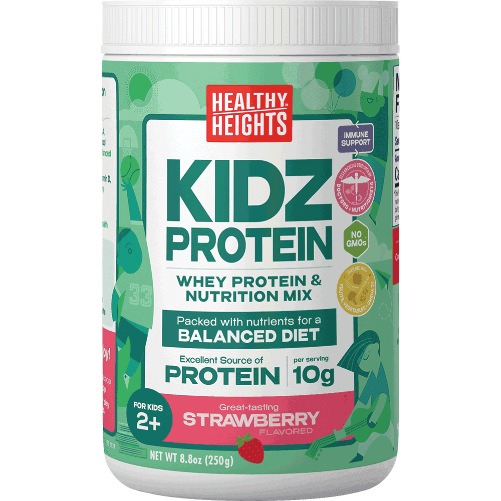 A green and white canister of strawberry-flavored protein powder for kids, with text and illustrations