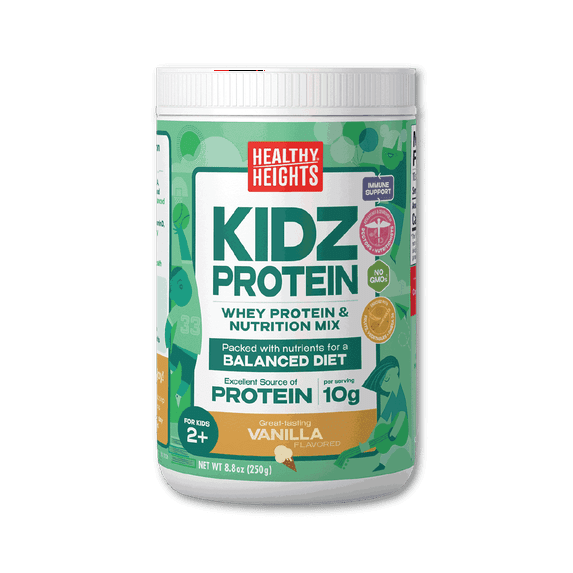 A canister of protein shake mix powder for kids, primarily green and white, on a plain background
