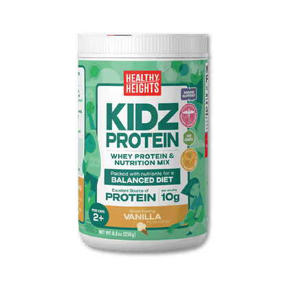 A canister of protein shake mix powder for kids, primarily green and white, on a plain background