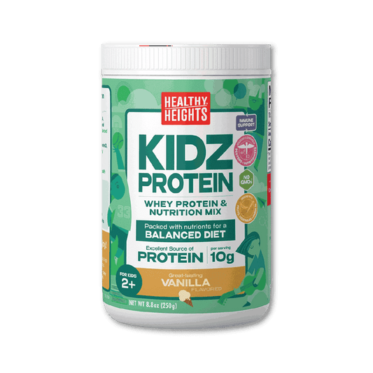 A canister of protein shake mix powder for kids, primarily green and white, on a plain background