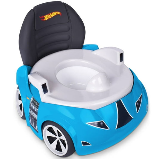 A blue race car-shaped potty training toilet with a white seat and black backrest, with white background