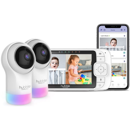 Two baby monitor cameras, a parent viewing unit, and a smartphone displaying a baby monitor app