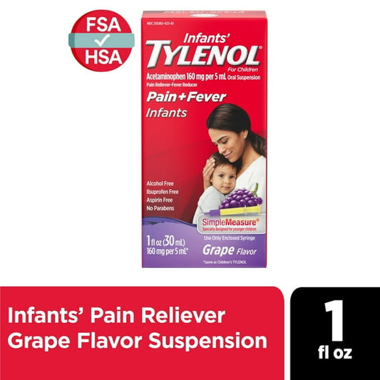 Infants Tylenol Acetaminophen Liquid Medicine, Grape, 1 fl. oz