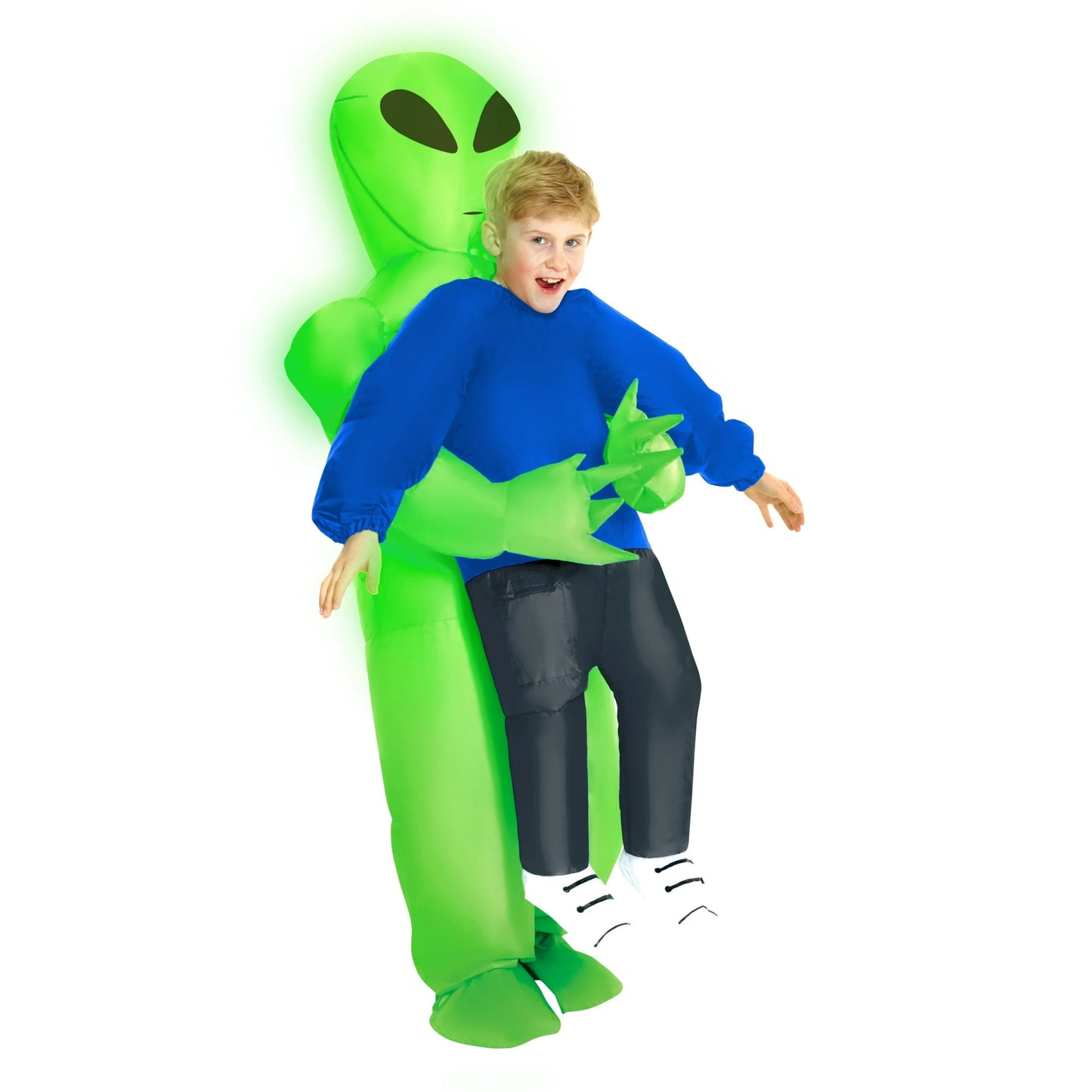 Inflatable green alien pick-me-up costume – funny and eye-catching Halloween outfit for kids or adults.