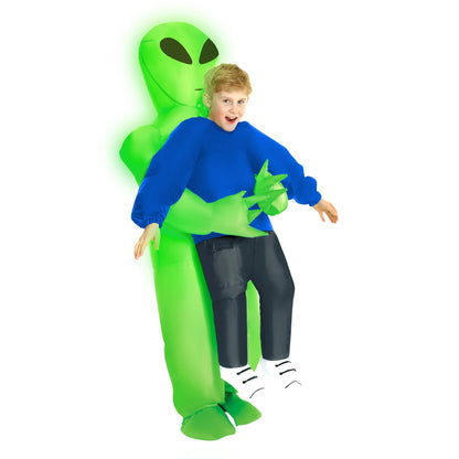 Inflatable green alien pick-me-up costume – funny and eye-catching Halloween outfit for kids or adults.
