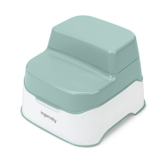A light green and white two-step stool and potty training system, displayed on a white background