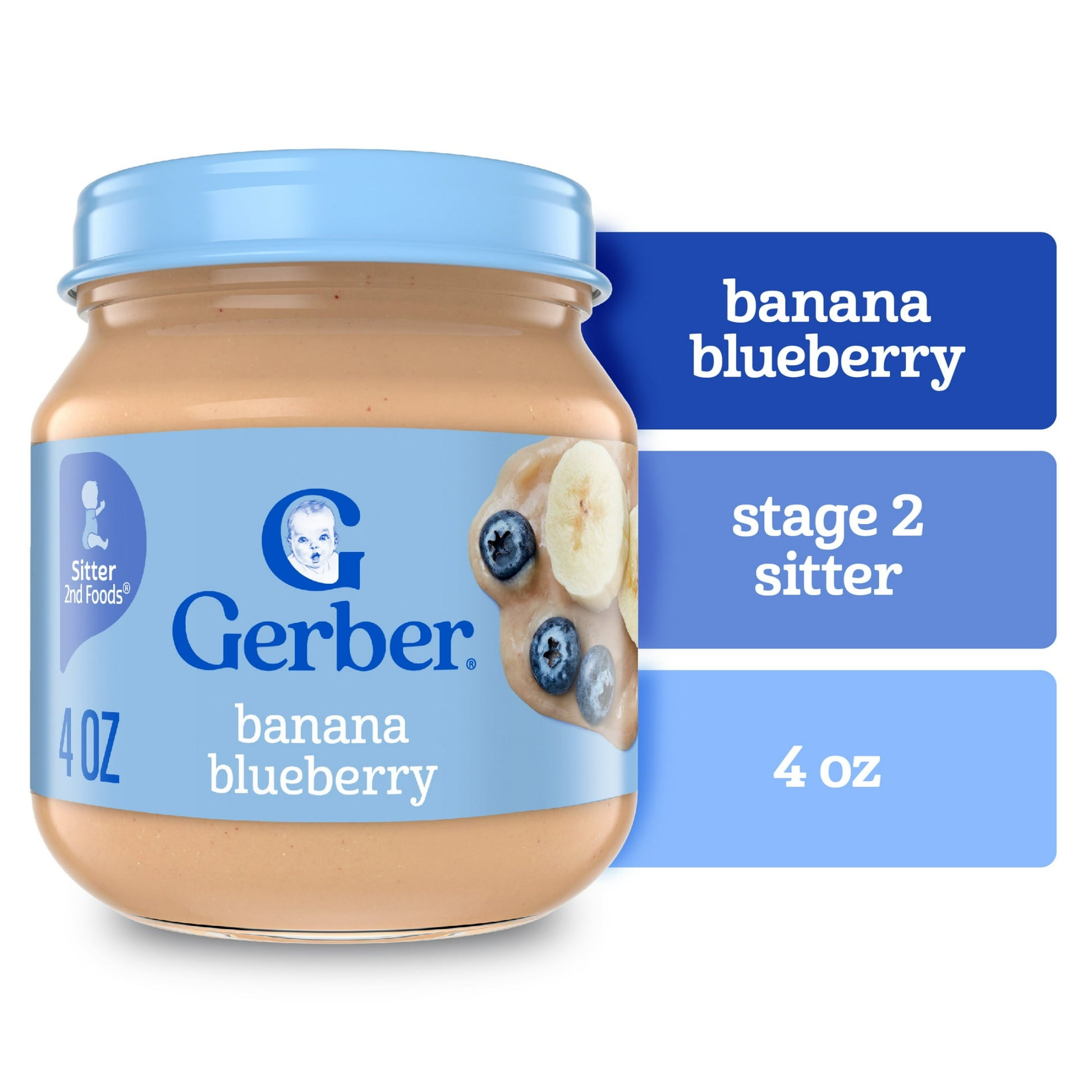 Jar of Gerber banana blueberry baby food with blue lid and label.