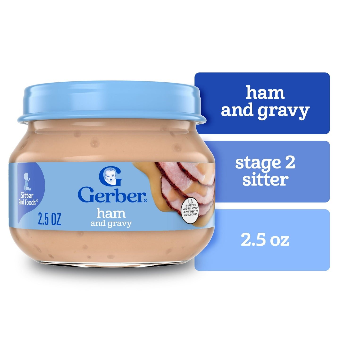 Jar of ham and gravy baby food with blue lid and label on a white background