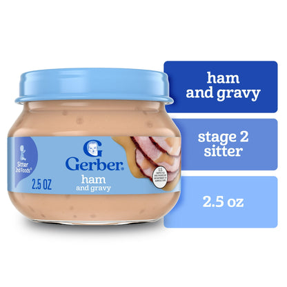 Jar of ham and gravy baby food with blue lid and label on a white background