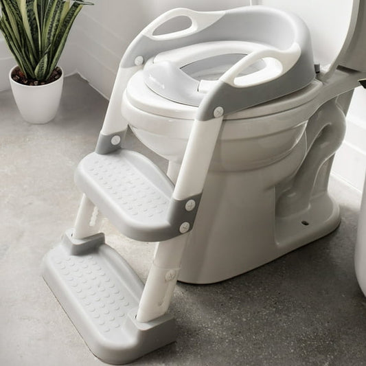 A potty training seat with a step ladder attached to a toilet in a bathroom