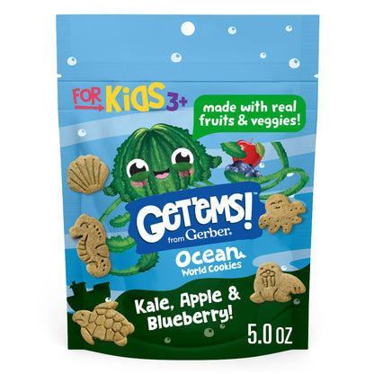 Kale, apple, and blueberry cookies – crunchy kids snack made with real fruits, veggies, and added nutrients.