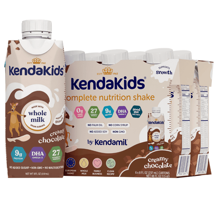 Single carton and a multipack of chocolate-flavored nutritional shakes for kids on a white background