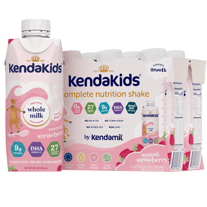 A carton and a multipack of strawberry-flavored nutritional shakes for children