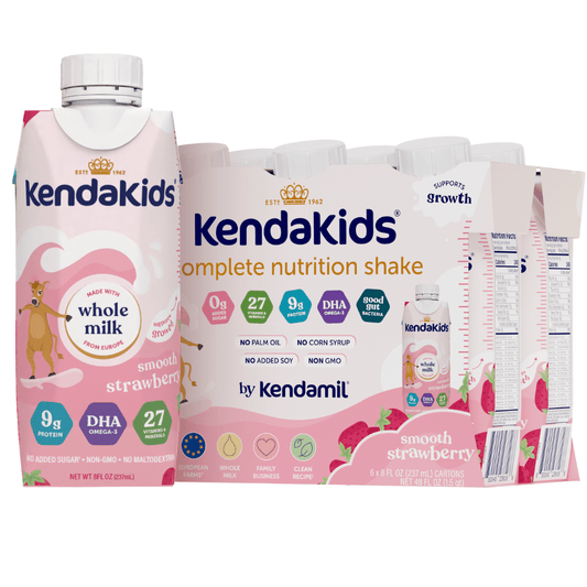 A carton and a multipack of strawberry-flavored nutritional shakes for children