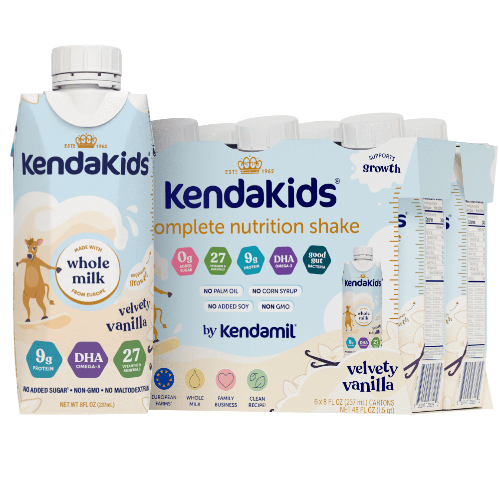 Pack of vanilla nutrition shake bottles featuring a cartoon animal illustration