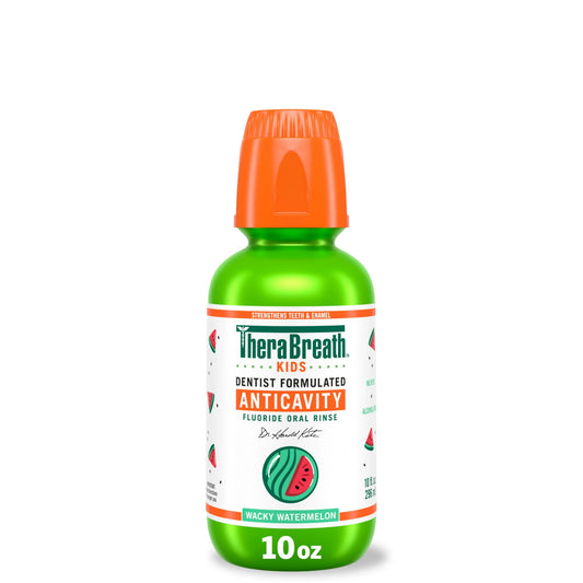 Kids Anticavity Fluoride Oral Rinse bottle with orange cap and green body on a white background
