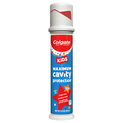 Kids Maximum Cavity Protection toothpaste tube on a green background