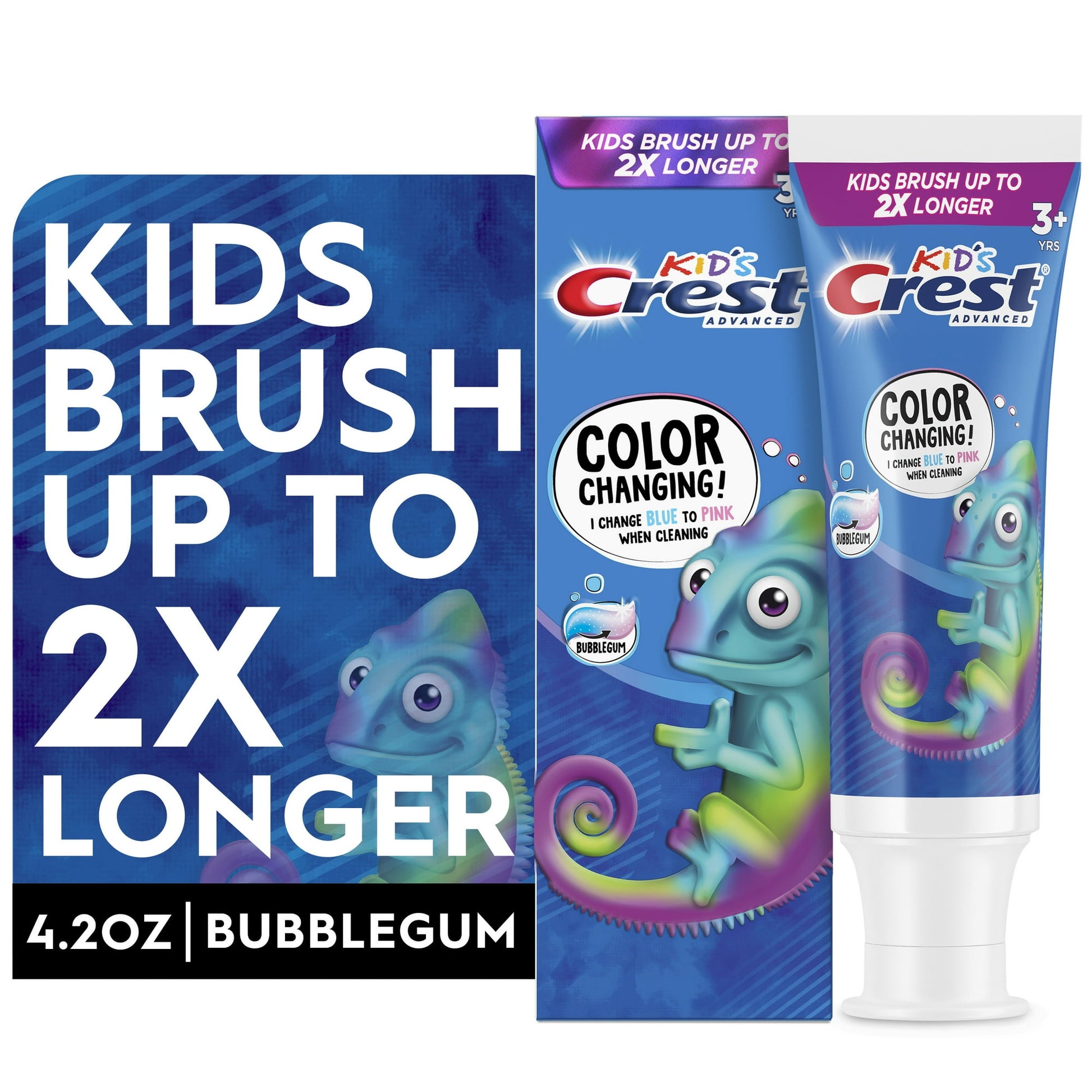 Kids toothpaste with color-changing design and bubblegum flavor on a white background