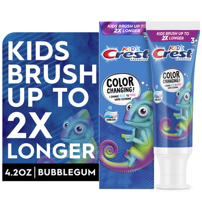 Kids toothpaste with color-changing design and bubblegum flavor on a white background