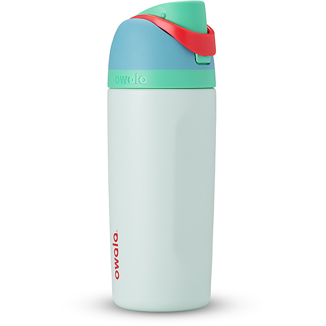Light blue water bottle with a red lid on a white background