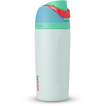 Light blue water bottle with a red lid on a white background