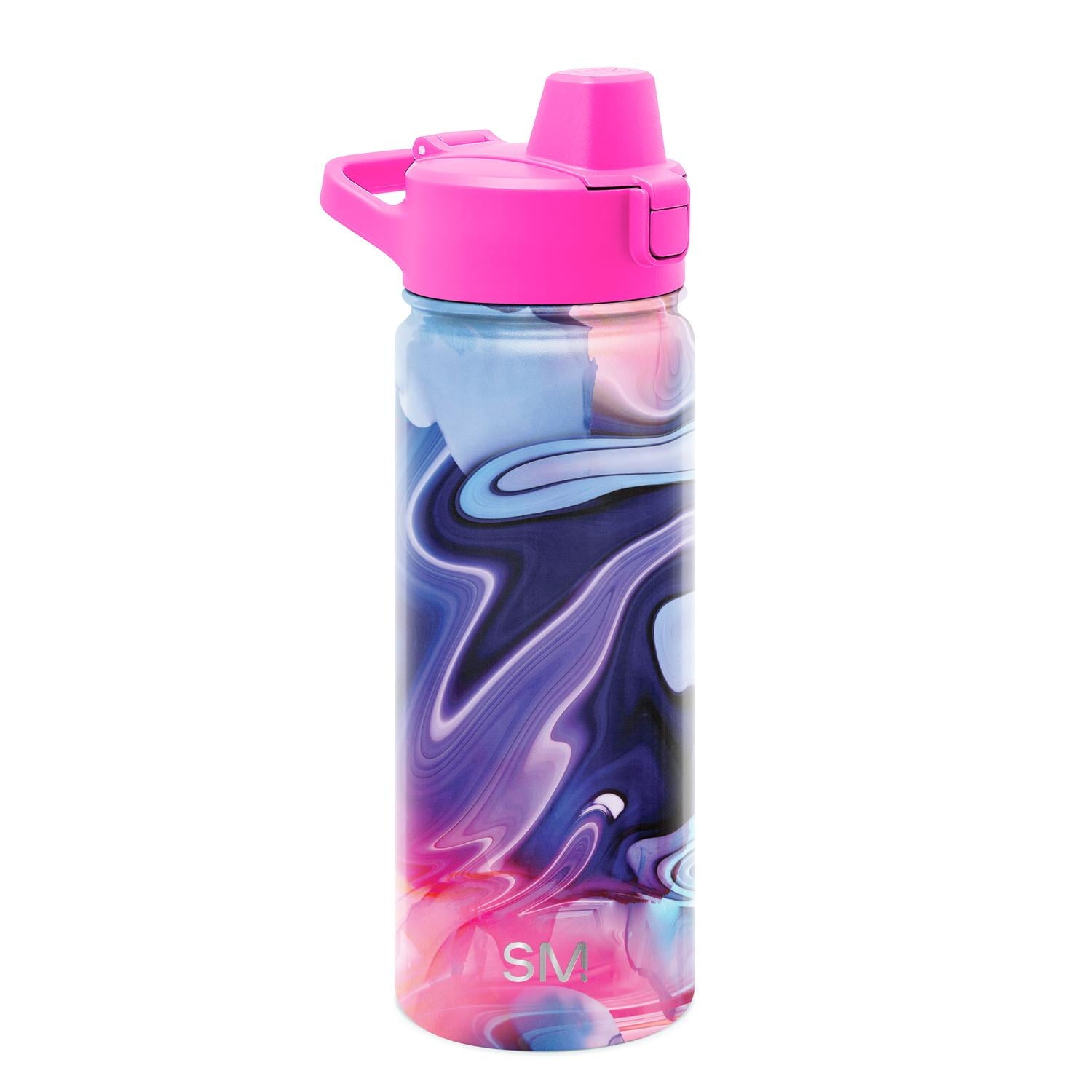 Marbled water bottle with pink cap on a white background