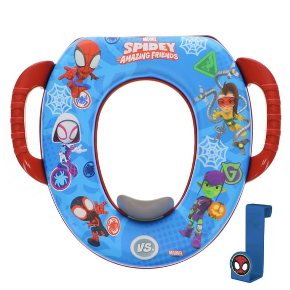 A blue child's toilet training seat with handles, featuring various cartoon characters and a storage hook displayed on a white background