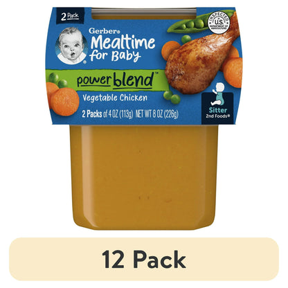 Mealtime for Baby power blend vegetable chicken packaging with a 12-pack label.