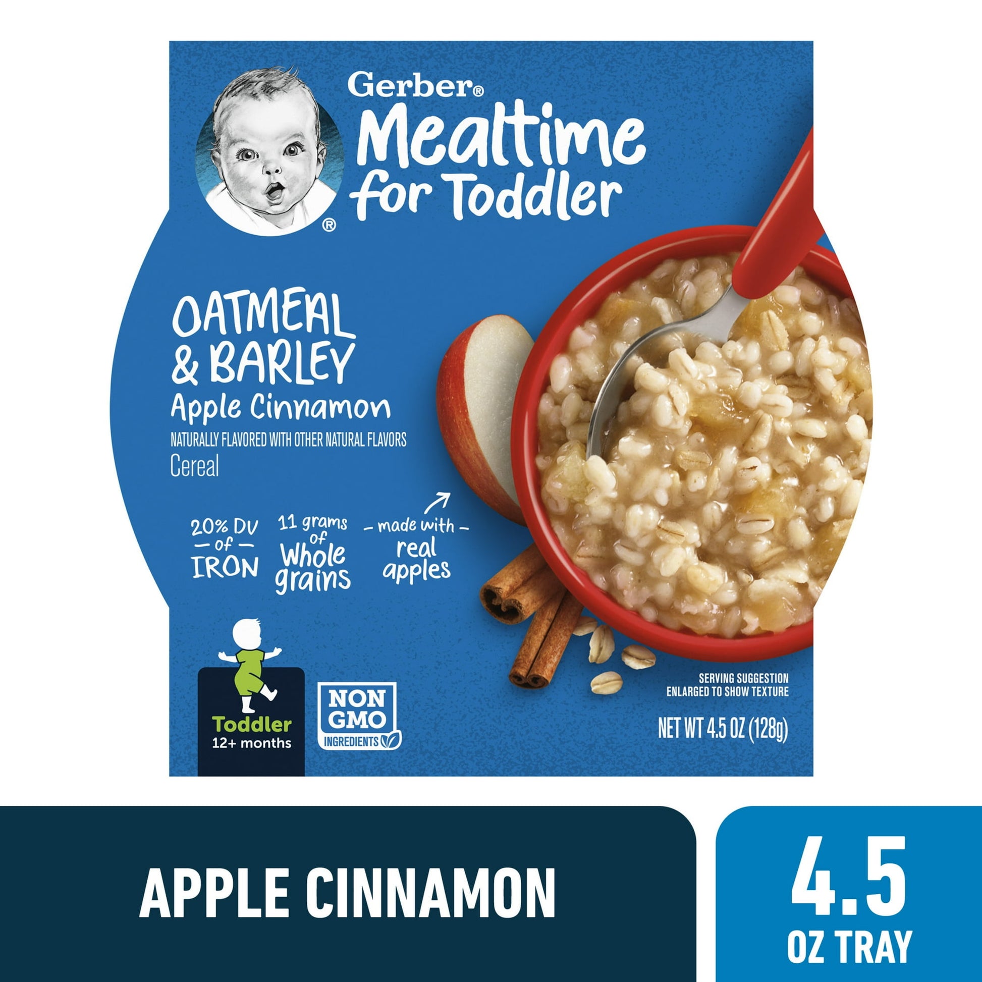 Mealtime for Toddler Oatmeal & Barley Apple Cinnamon cereal package on a white background
