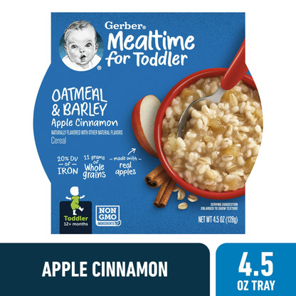 Mealtime for Toddler Oatmeal & Barley Apple Cinnamon cereal package on a white background