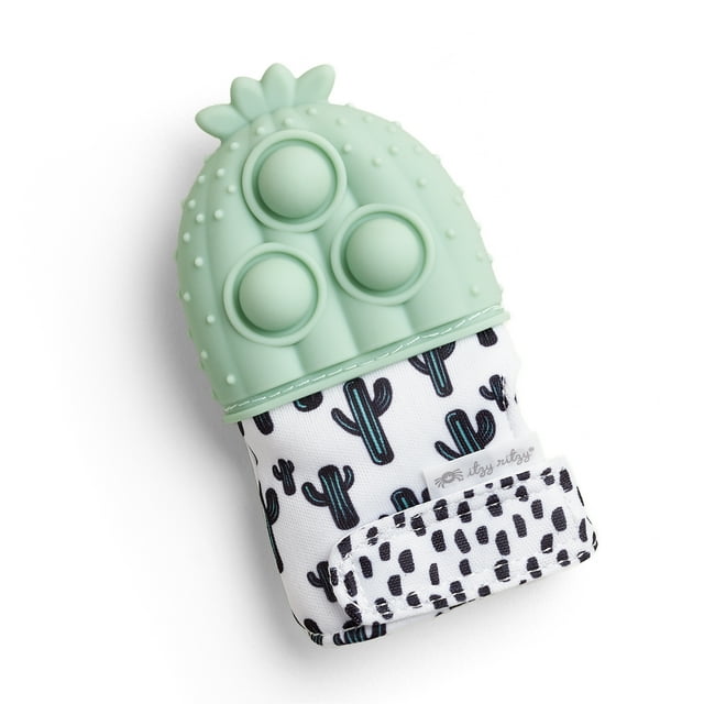 Mint green silicone teething toy with cactus patterned pouch on a white background