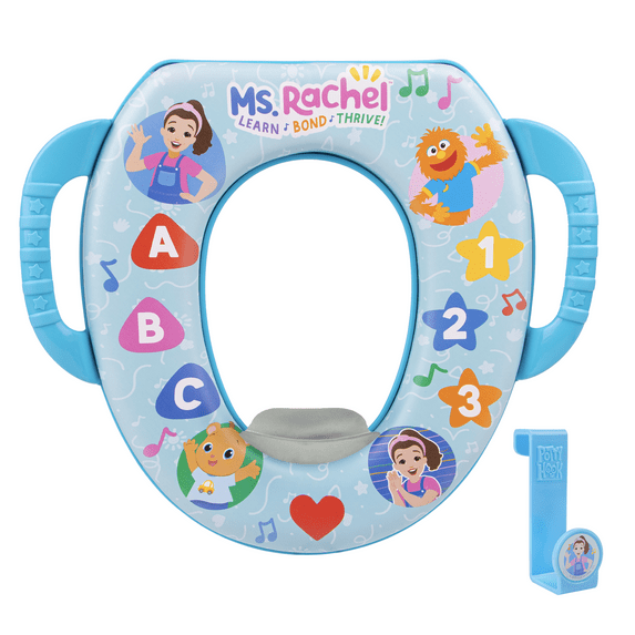 Light blue toilet training seat with colorful characters, letters A, B, C, and numbers 1, 2, 3, plus a separate hanging hook